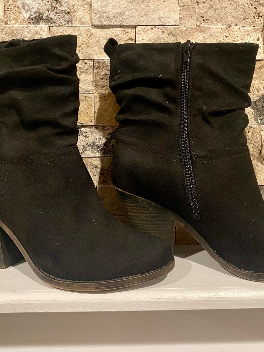 Fergie Black Suede Slouch Ankle Boots with Side Zip